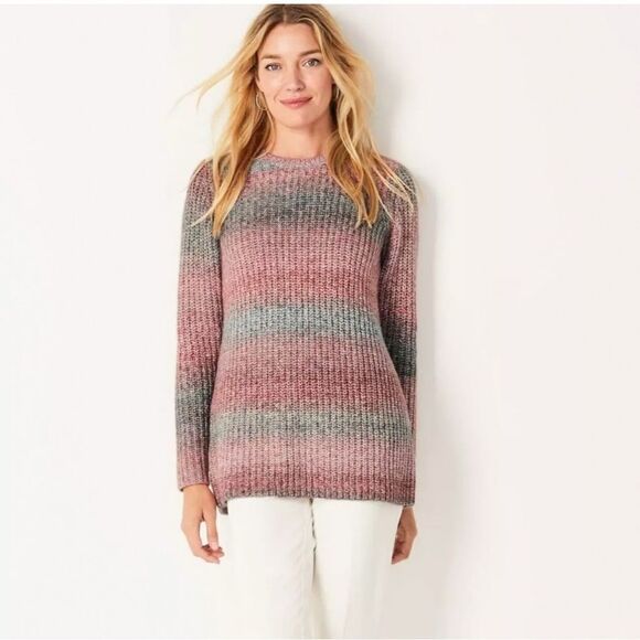 J. Jill Ombre Stripe Crewneck Sweater Wool Blend Size XL Petite Pink Gray Chunky - Picture 1 of 8
